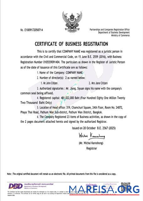 Printable Thailand certificate of business registration Word and PDF template